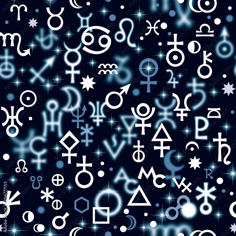 Astrological hieroglyphic signs, Mystic kabbalistic symbols. Deep Night background, Chaotic seamless pattern.