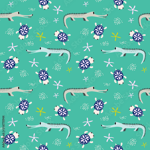 Childish seamless pattern with crocodile and turtle. Creative vector childish background for fabric, textile