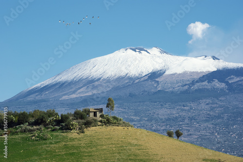 Etna Volcano Of Sicily Natural Landmark Unesco, House On Hill, In The Sky Flight Of Birds And Puff Of White Smoke
