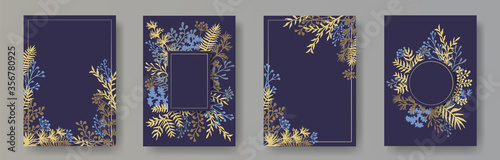 Simple herb twigs, tree branches, leaves floral invitation cards collection. Herbal corners romantic cards design with dandelion flowers, fern, lichen, olive branches, sage twigs.