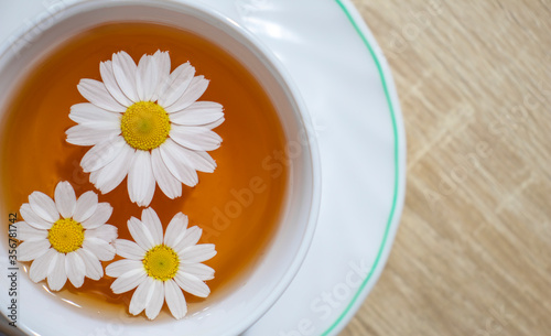 Tea cup with daisies on wooden background. Herbal tea of chamomile flower. Chamomile tea concept. Flat lay, top view.