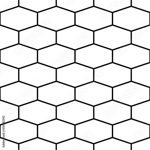 Seamless surface pattern design with elongated hexagons. Honeycomb wallpaper. Mosaic tiles motif. Repeated white polygons tessellation on black background. Digital paper for page fills, web designing.