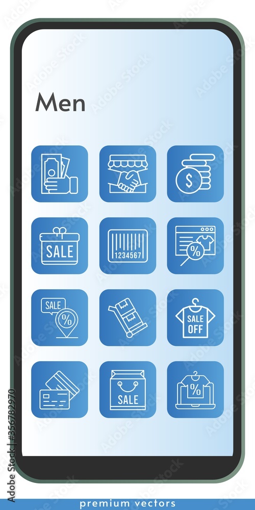 men icon set. included gift, shopping bag, online shop, handshake, shirt, money, placeholder, credit card, barcode, trolley icons on phone design background . linear styles. men icon set. included gift, shopping bag, online shop, handshake, shirt, money, placeholder, credit card, barcode, trolley icons on phone design background . linear styles.