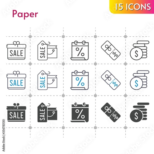 paper icon set. included gift, calendar, shopping bag, money, discount icons on white background. linear, bicolor, filled styles.