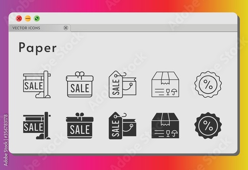 paper icon set. included gift, shopping bag, sale, package, discount icons on white background. linear, filled styles.