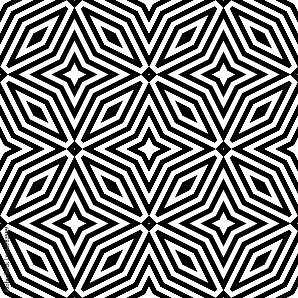 Seamless surface pattern design with elongated hexagons, rhombuses and stars. Black figures illustration. Mosaic tiles motif. Repeated polygons background. Ethnic embroidery wallpaper. Digital paper. Seamless surface pattern design with elongated hexagons, rhombuses and stars. Black figures illustration. Mosaic tiles motif. Repeated polygons background. Ethnic embroidery wallpaper. Digital paper.