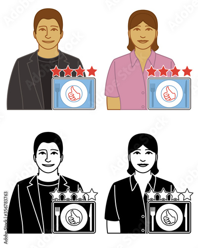 set of food and restaurant critic vector icons male and female, with 4-star and thumbs-up rating, isolated on a white background