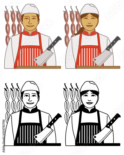 set of butcher vector icons male and female, with sausage links and cleaver isolated on a white background
