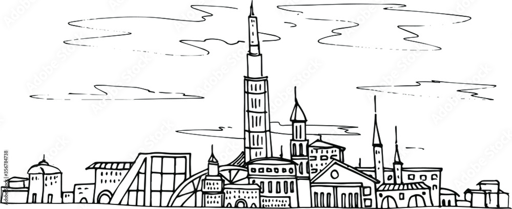 Obraz premium city outlines hand-drawn landscape view of the circuit card letter card