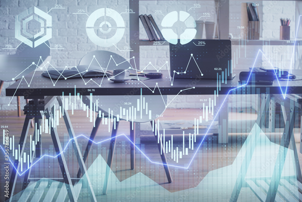 Naklejka premium Multi exposure of stock market chart drawing and office interior background. Concept of financial analysis.