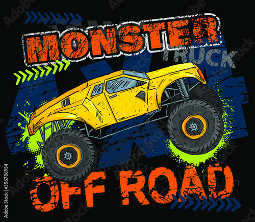 Print with Hand drawing yellow Monster Truck. Vector t-shirt illustration for boy 