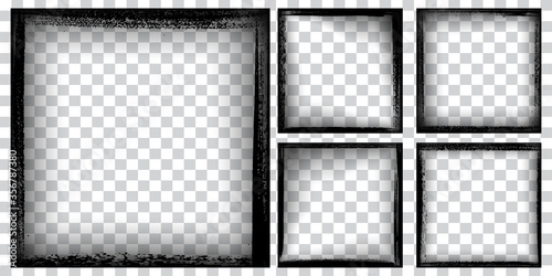 Vector illustration. Set of frames in grunge style. Dirty frame. Black paint. Transparent background. Design elements for banner, poster, card, social media