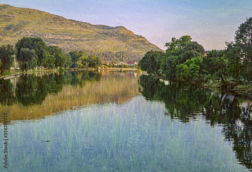 Obraz premium River Trebisnjica in Trebinje, Bosnia and Herzegovina, double exposure.