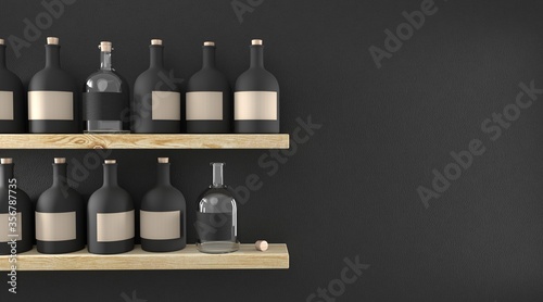 Pantry  kitchen  shop display shelves with black ceramic and glass bottles  interior mockup with black wall  blank labels