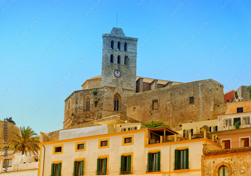 Ibiza old town with Cathedral of Santa Maria d`Eivissa at the top of the hill in Ibiza, Spain.