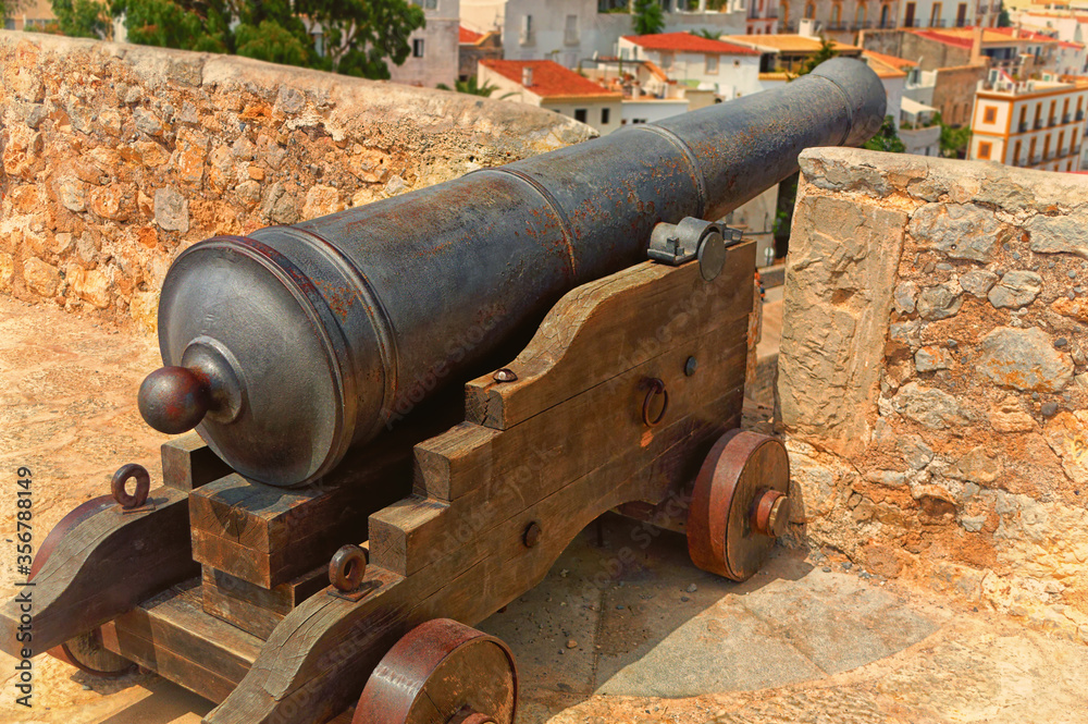 The 24 lb cannon usually used by navy and defending fortresses at Dalt Vila fortress in Ibiza, Spain.