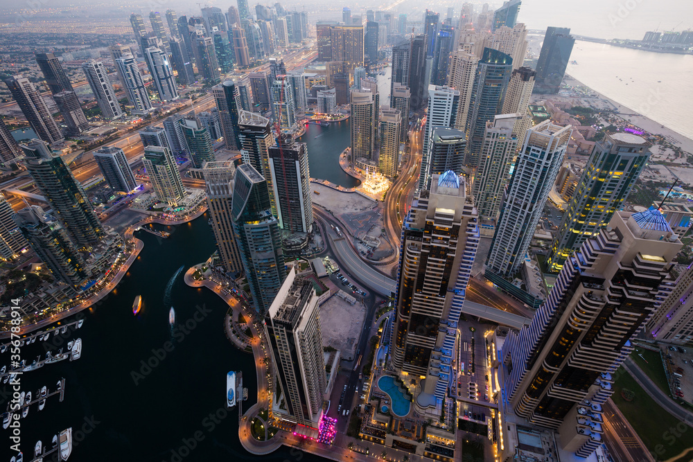 Obraz premium Dubai skyscrapers aerial view. Dubai marina cityscape