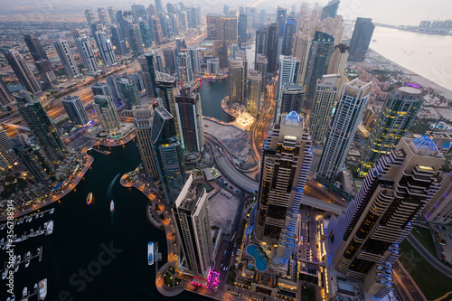 Dubai skyscrapers aerial view. Dubai marina cityscape