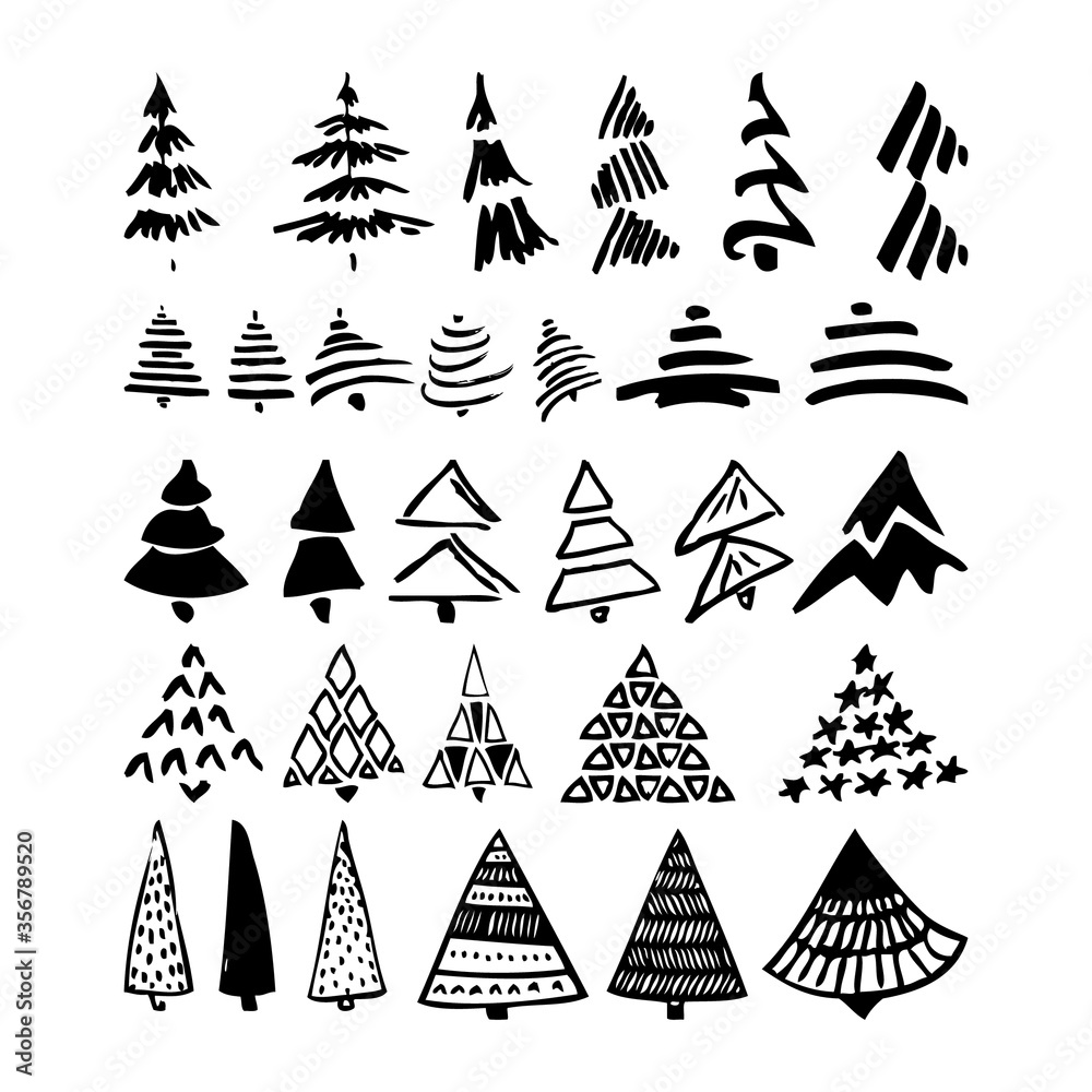 Obraz premium The set of stylized isolated new year trees. Hand drawn firs. Black and white stylizations on a white background. Simple designs for different cases of decorations and prints. Stars, triangles, spots