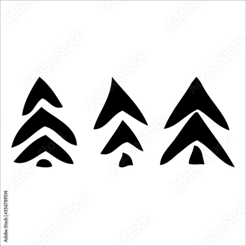 The set of stylized new year trees. The isolated silhouette in black on a white background. The simple and elegant design for decorations, prints on wrapping paper and cards. 