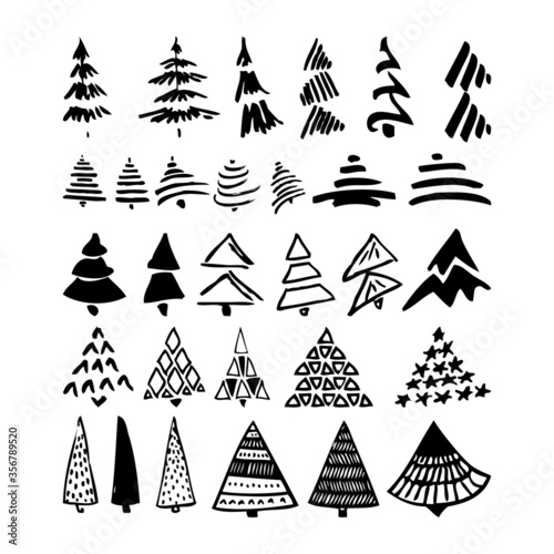 The set of stylized isolated new year trees. Hand drawn firs. Black and white stylizations on a white background. Simple designs for different cases of decorations and prints. Stars, triangles, spots