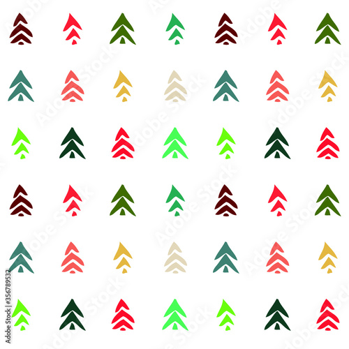 Nice colorful pattern with stylized firs on white background. Simple, elegant, optimistic, green, red, yellow, gold, blue. Design for Christmas and New Year decorations, card, wrapping paper, prints.