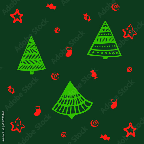 Nice colorful pattern with stylized firs, stars, candies on dark background. Simple, elegant, optimistic, green, red. Design for Christmas and New Year decorations, card, wrapping paper, prints.