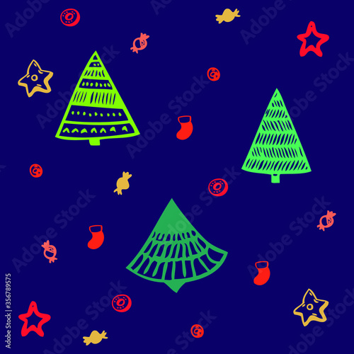 Nice colorful pattern with stylized firs, stars, candies on dark background. Simple, elegant, optimistic, green, red, golden. Design for Christmas, New Year decorations, card, wrapping paper, prints.