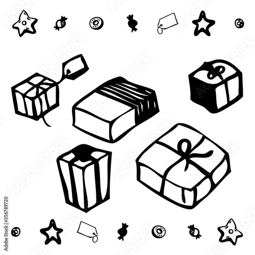 christmas gift boxes in set, additional decorative elements: stars, candies, cookies