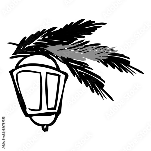 The isolated lantern hanging on a fir branch on a white background. Simple hand drawn monochrome design for decorations and cards. Graphical sketch of lamp for Christmas and New Year cards and decor