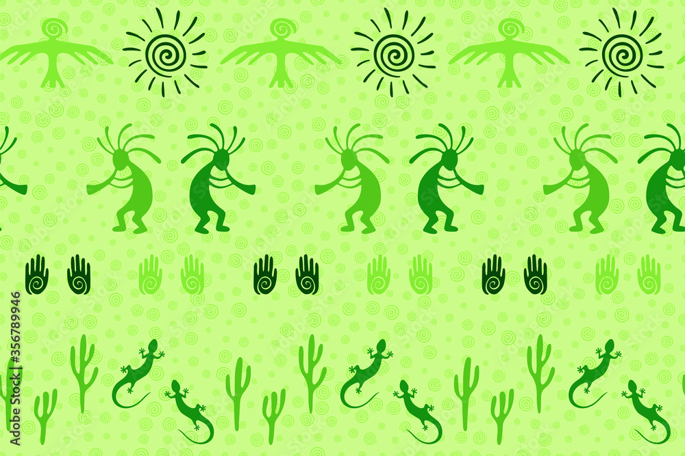 Fototapeta premium Traditional, design with trickster god, swirl icons on human palm, sun, eagle.