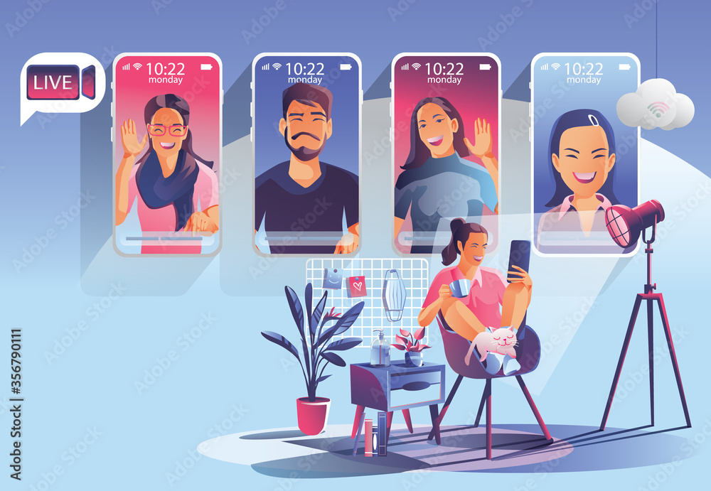 Obraz premium Video conference landing People on smartphone screen taking with colleagues. Videoconferencing and online meeting workspace vector page man and woman. self-quarantine to prevent from COVID -19 vector 