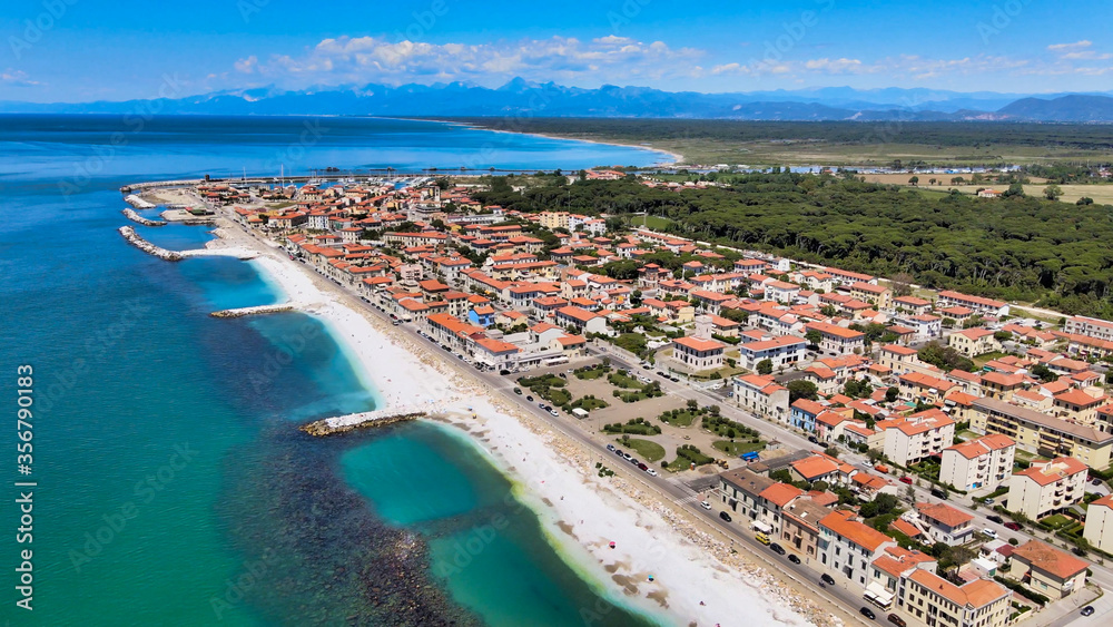 Amazing aerial view of Marina di Pisa coastline, Tuscany