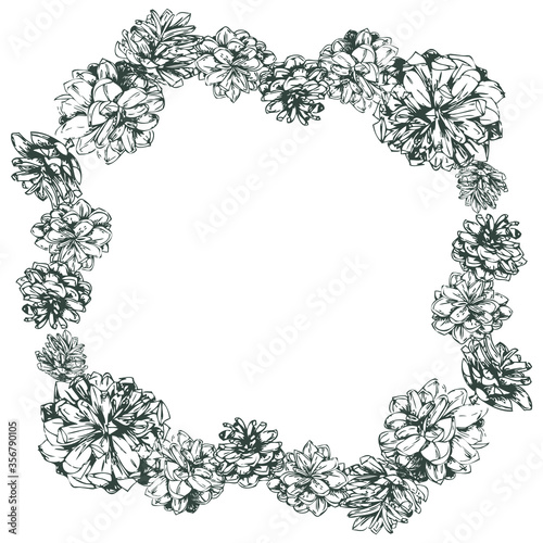 Simple and elegant floral decorative elements made of graphical sketch of pine cones. Botanical design for wedding cards and decorations. Grapical pine cones groups. Wreath. Set of pinecones. Lineart