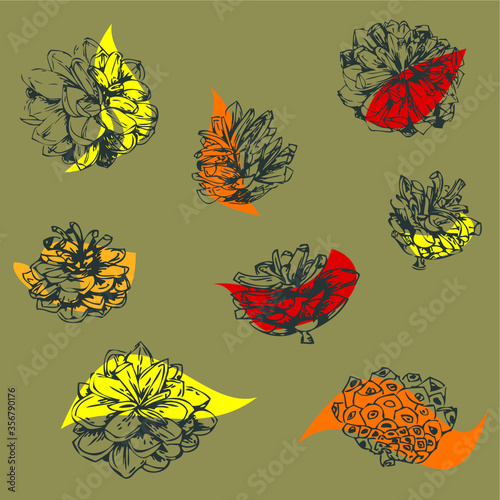 Simple and elegant floral autumn design. Decorative elements made of graphical sketch of grapical pine cones. Botanical design for wedding cards and decorations. Color spots with grapical pine cones.