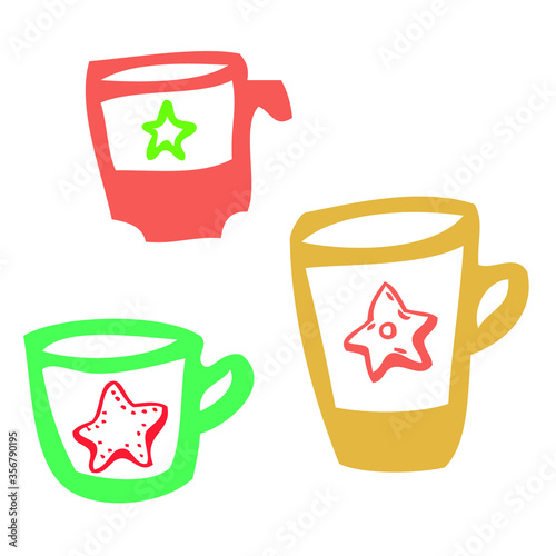 Set of cups with stars. Colourful, possitive design for decorations. Graphic simple hand drawn cups. Green, red, yellow, pink. Christmas and New Year theme, Birthday party. Morning coffee, tea, cacao
