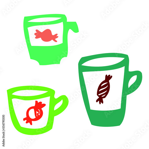 Set of cups with candies. Colorful, possitive design for decorations. Graphic simple hand drawn cups. Green, red, yellow, pink. Good for party decorations. Morning coffee, tea, cacao. Refreshing drink