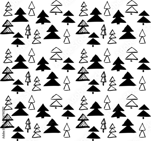 Graphic pattern with firs, hand drawn, triangles, black and white. Geometric simple design. Line and spot. Reminds forest. Good for textile and wrapping paper prints. Childish, funny for decorations