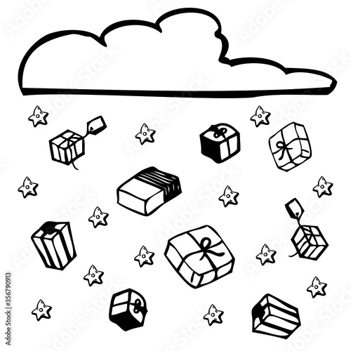 Isolated cloud, falling stars and presents. Black graphic.The miracle and festive mood. Simple design for party decorations for any occasion. Cute, fun, childish illustration. Holiday cards and prints