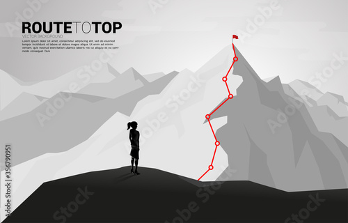 Businesswoman and Route to the top of mountain: Concept of Goal, Mission, Vision, Career path, Vector concept Polygon dot connect line style