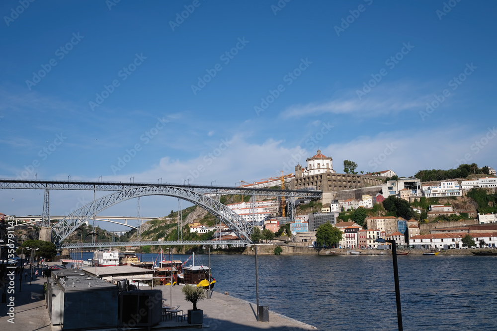 Ribeira and a view of the Dom Luis I Bridge in Porto, Portugal.