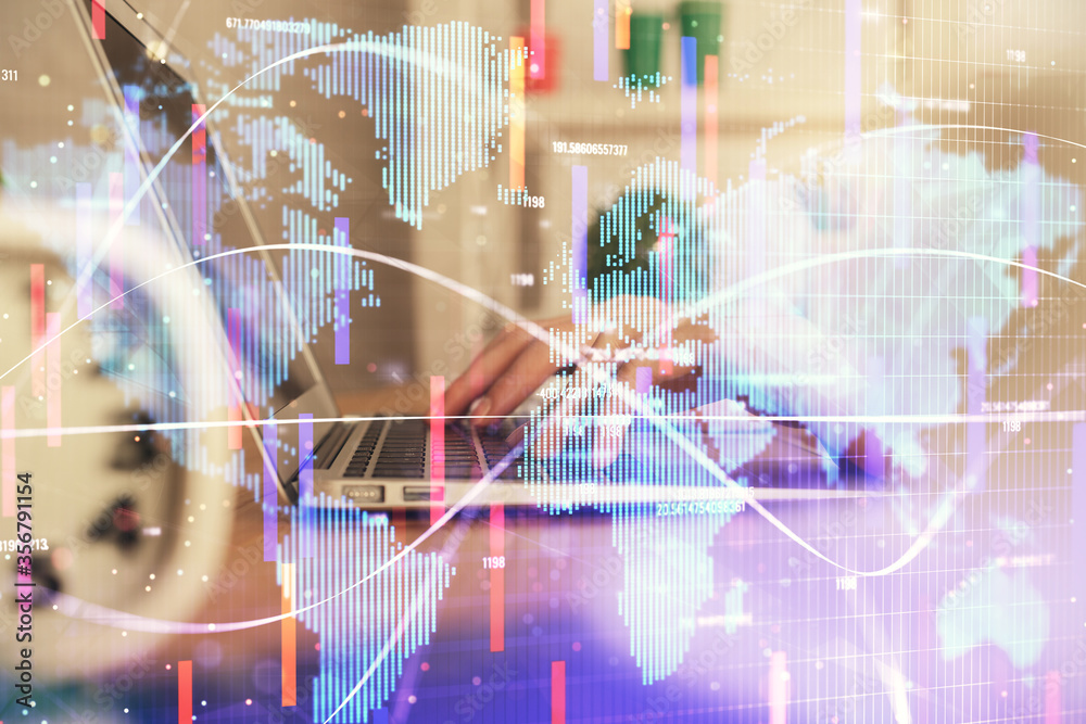 Double exposure of woman hands typing on computer and business theme hologram drawing. Success concept. Double exposure of woman hands typing on computer and business theme hologram drawing. Success concept.