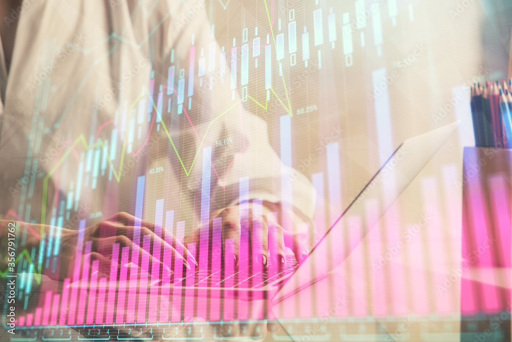 Double exposure of woman hands typing on computer and forex chart hologram drawing. Stock market invest concept. Double exposure of woman hands typing on computer and forex chart hologram drawing. Stock market invest concept.