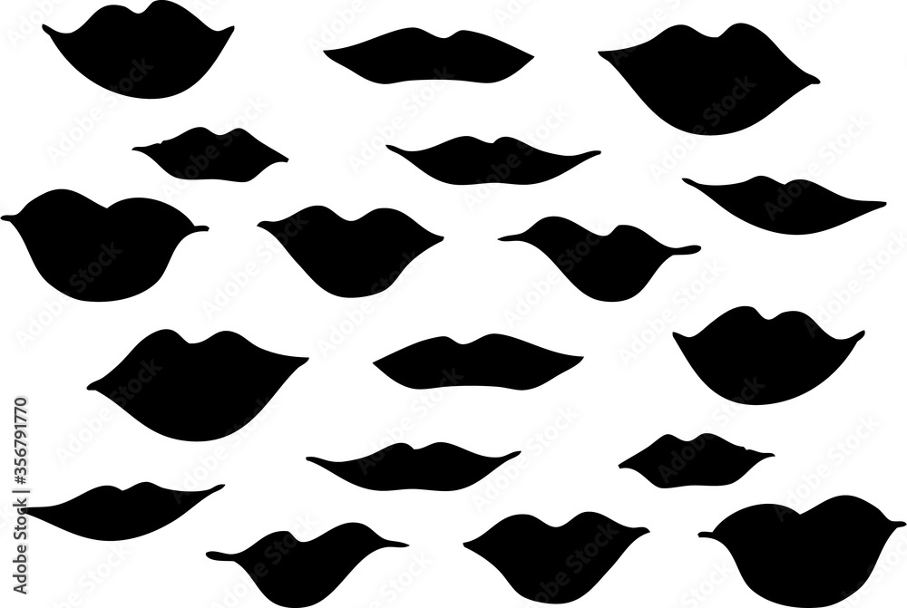 Set of lips. Simple hand drawn graphic isolated lips in black on a white background. vector design Sketch of lips of various shapes: thin, thick, smiling, chubby, sensual, arrogant. Silhouette