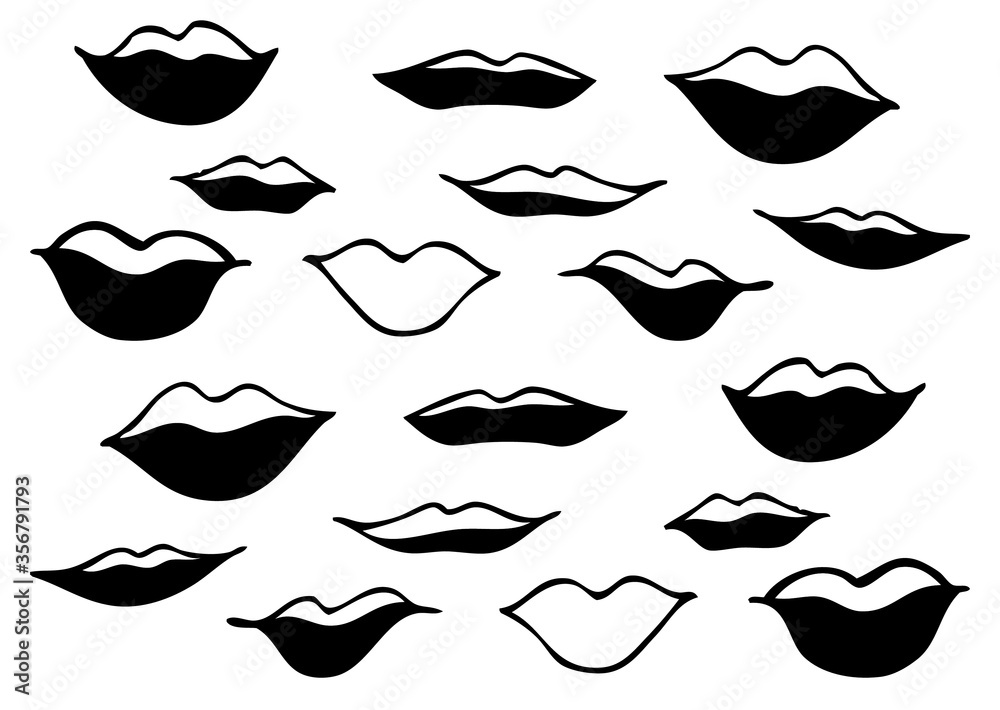 Set of lips. Simple hand drawn graphic isolated, in black lower lip on a white background. vector design. Sketch of lips of various shapes: thin, thick, smiling, chubby, sensual, arrogant. Silhouette