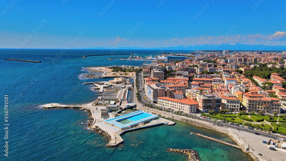 Amazing aerial view of Livorno coastline, Tuscany