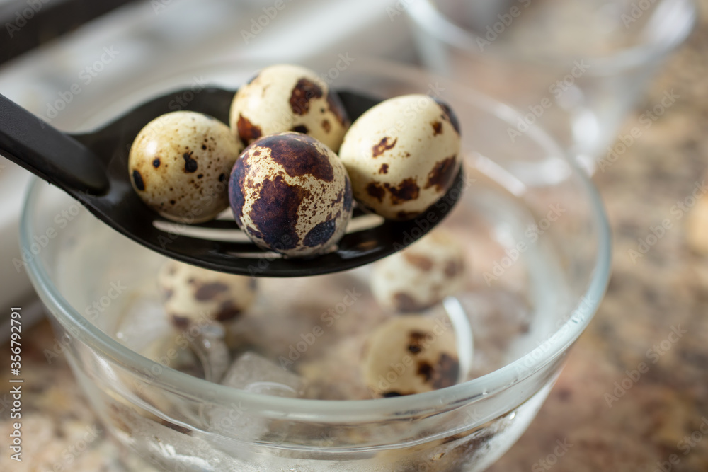 A view of several hard boiled quail eggs on a slotted spoon going into an ice bath. A view of several hard boiled quail eggs on a slotted spoon going into an ice bath.