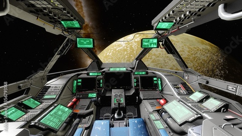 view from the cockpit of a spaceship, cockpit spacehip background, cockpit UFO 3d render
 photo