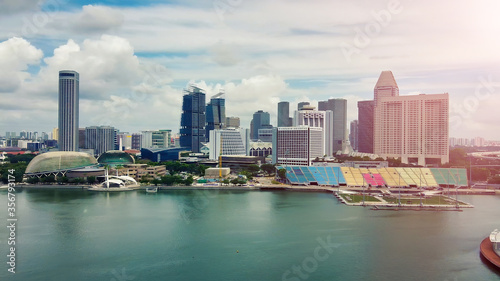 SINGAPORE - JANUARY 2, 2020: Aerial view of Marina bay area with skyscrapers