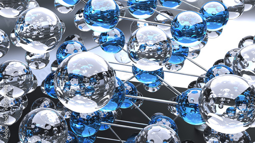 Fotografie 3D-Illustration - Glass spheres in a structure reflecting light and themselves